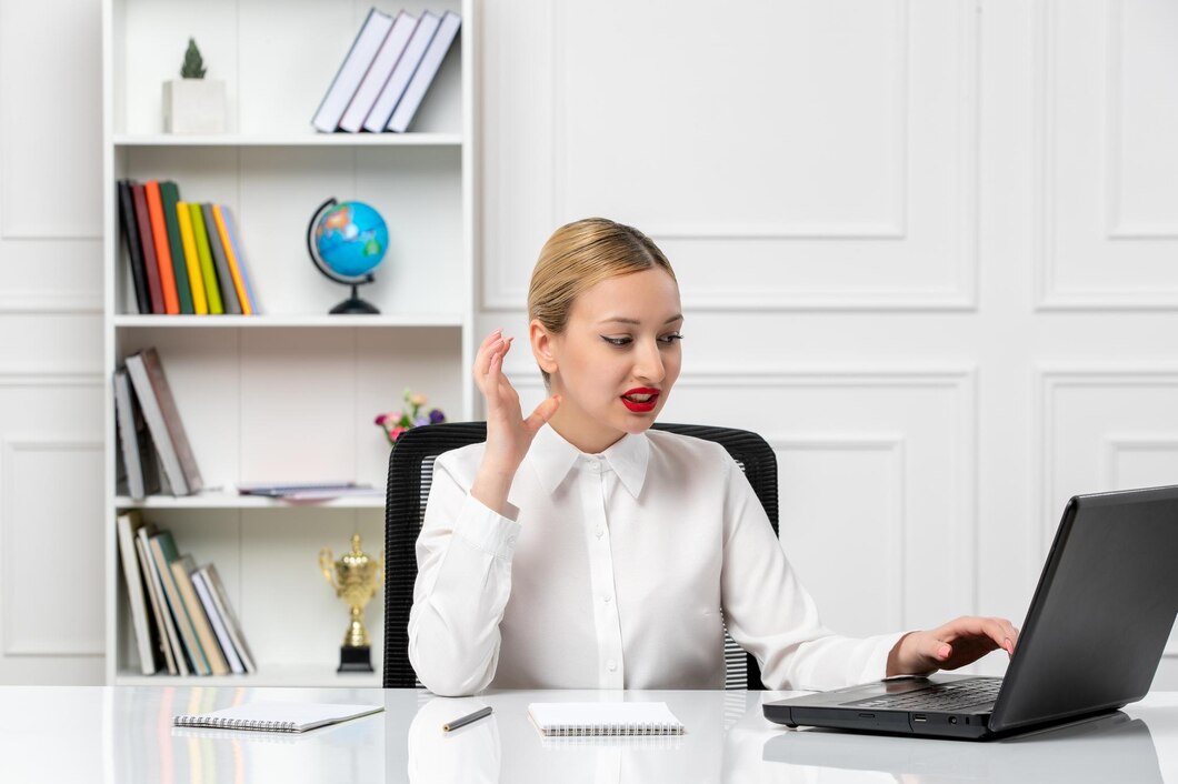 customer service cute girl white shirt with red lipstick laptop irritated while working 140725 164056