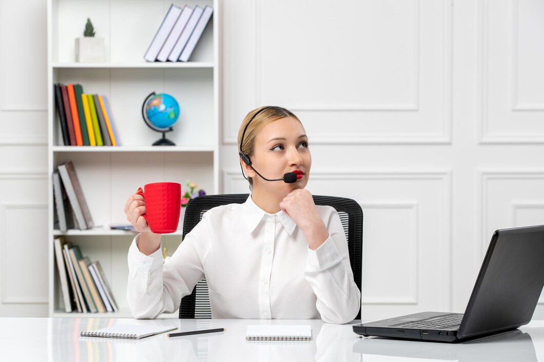 customer service pretty blonde girl white shirt with laptop headset holding red cup 140725 164921