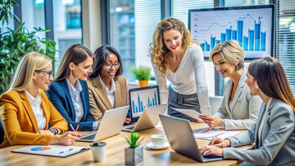 diverse businesswomen collaborate meeting with laptops documents 9975 22958