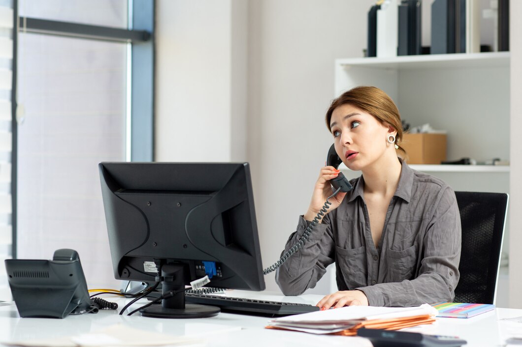 front view young beautiful lady grey shirt working her pc sitting inside her office talking city phone daytime building job activity 140725 15136