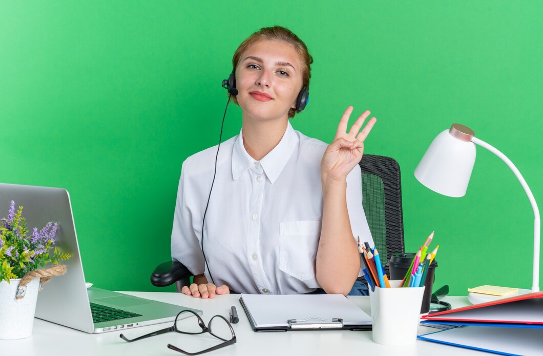 pleased young blonde call centre girl wearing headset sitting desk with work tools showing three with hand 141793 112032