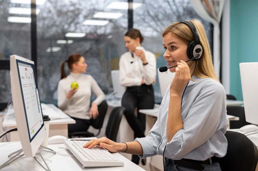 woman working call center talking with clients using headphones microphone 23 2149256145