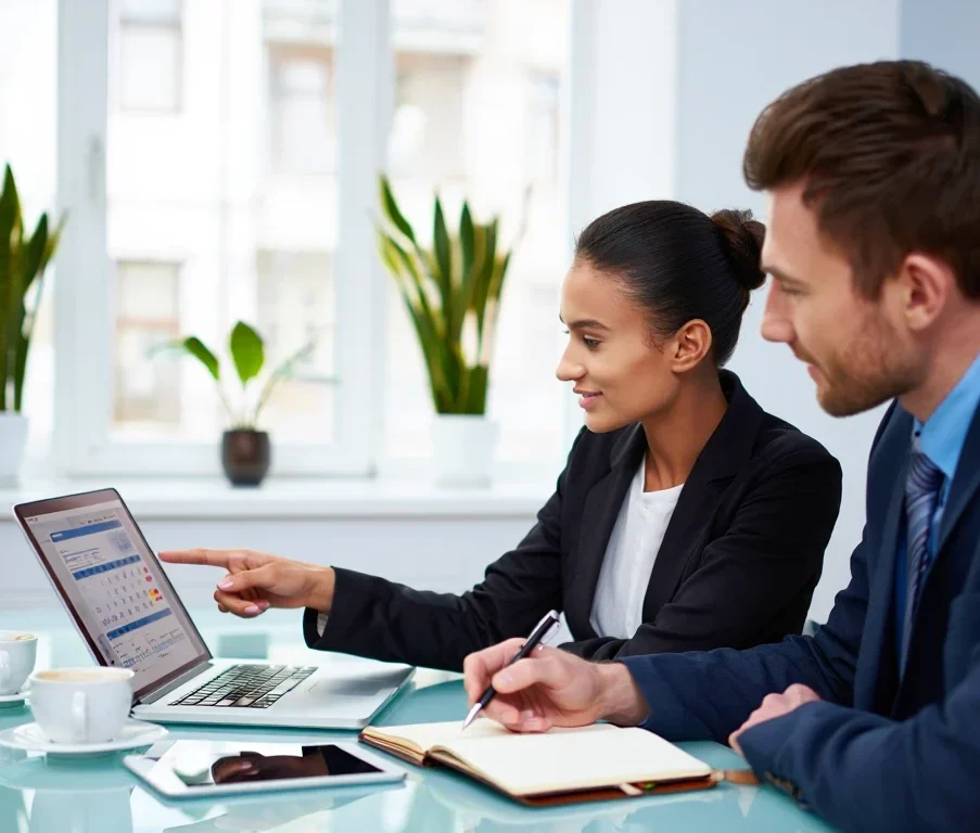Lead Generation Dallas-Fort Worth 32 Business professionals reviewing B2B sales appointment scheduling and lead management system on laptop
