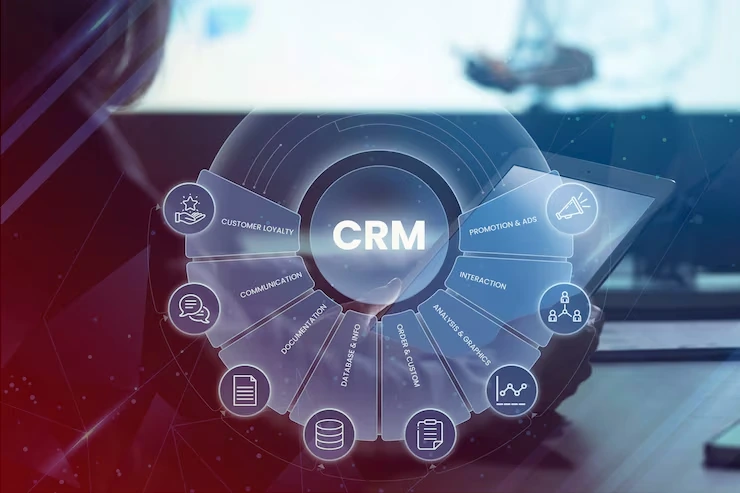 Digital CRM interface with connected icons showing customer relationship management setup for lead tracking system