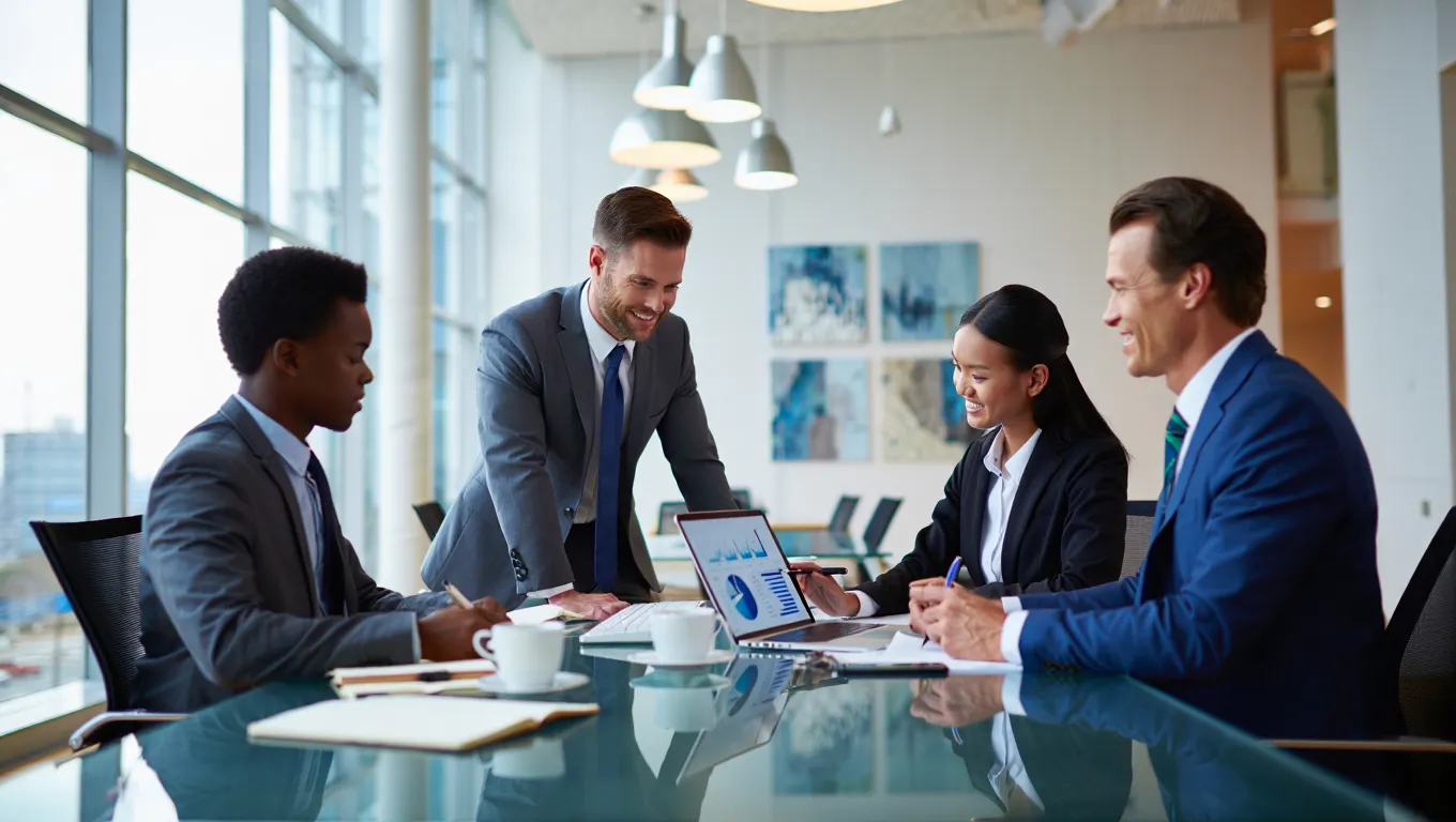 Business team reviewing commercial roofing lead data charts on laptop in modern conference room