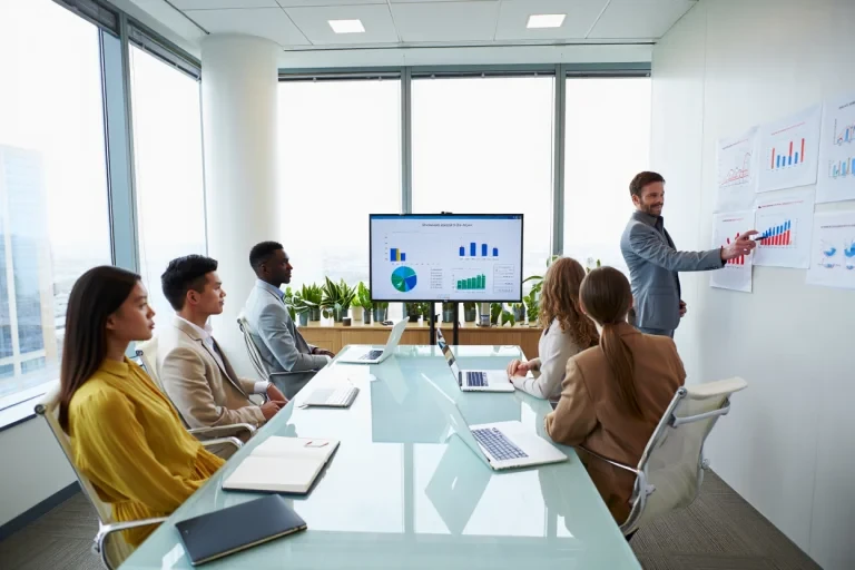Content marketing specialist presenting performance charts on whiteboard while team reviews content metrics on screen and laptops
