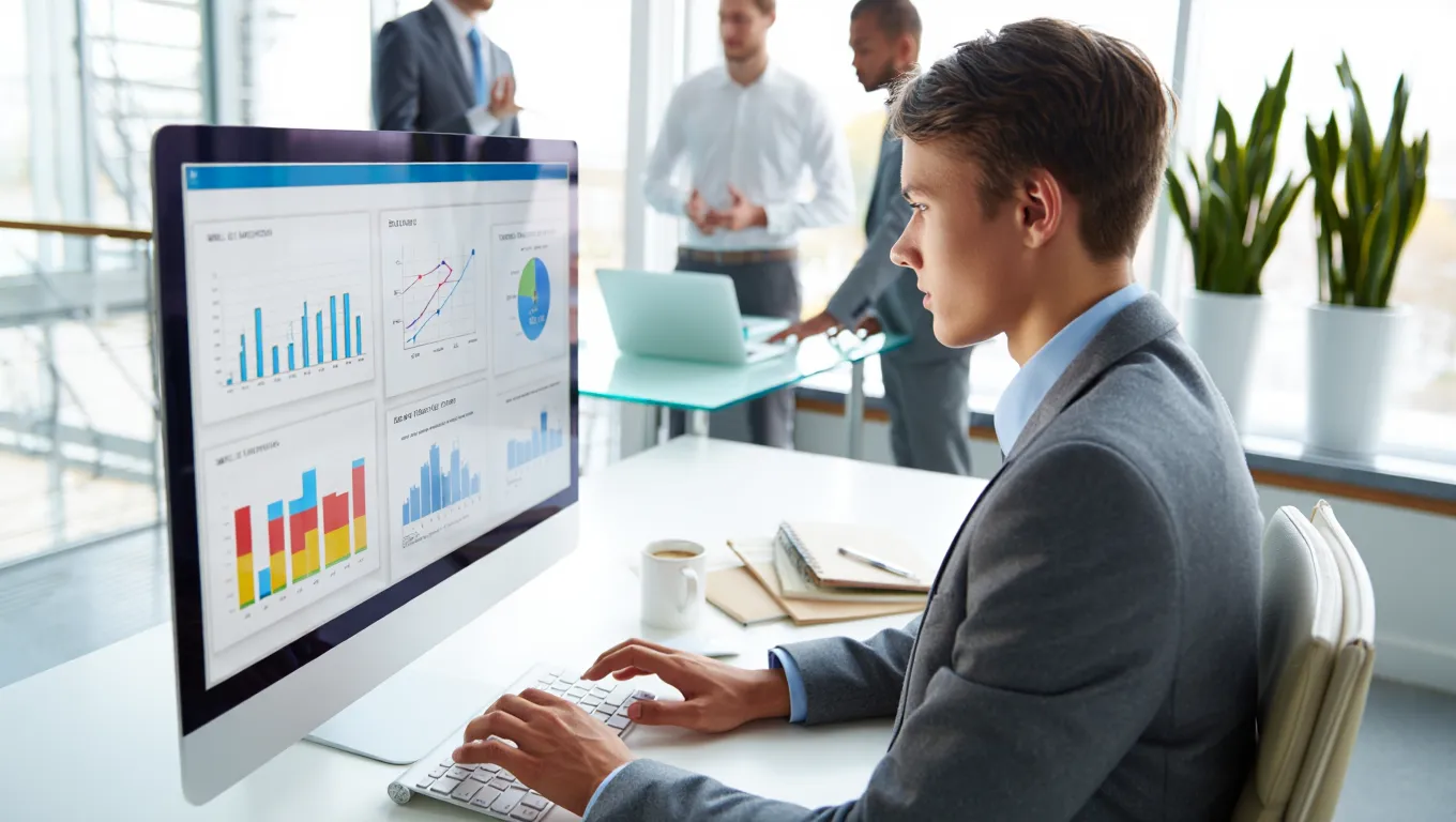 Lead Generation Agency New York 32 Business professional analyzing email campaign analytics dashboard with charts and performance metrics