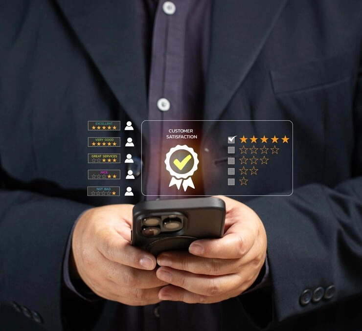 Professional holding smartphone with customer satisfaction ratings and lead accuracy verification interface