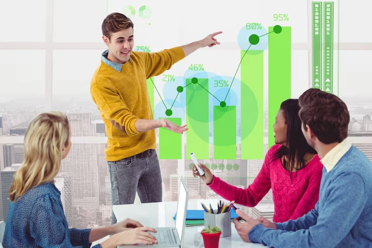 Business team presenting rising green conversion charts showing lead conversion improvement metrics and growth