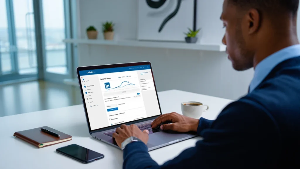 Lead Generation Dallas-Fort Worth 33 Professional using LinkedIn lead generation dashboard and analytics tools on laptop for business growth