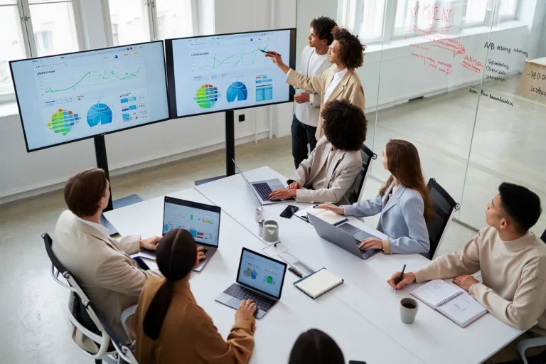Lead scoring team presenting qualification metrics on dual monitors while clients review scoring data on laptops