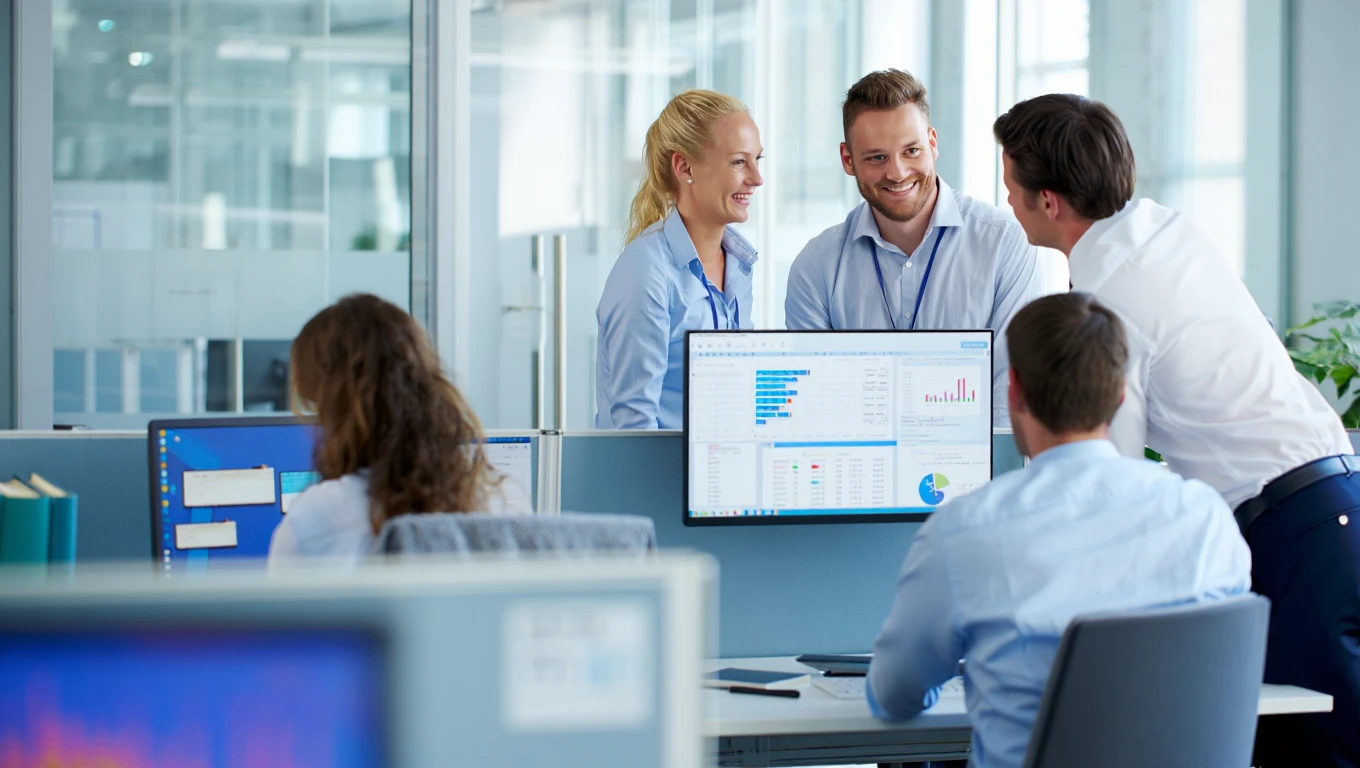 Quality assurance team reviewing lead validation data and analytics on computer screens in modern office