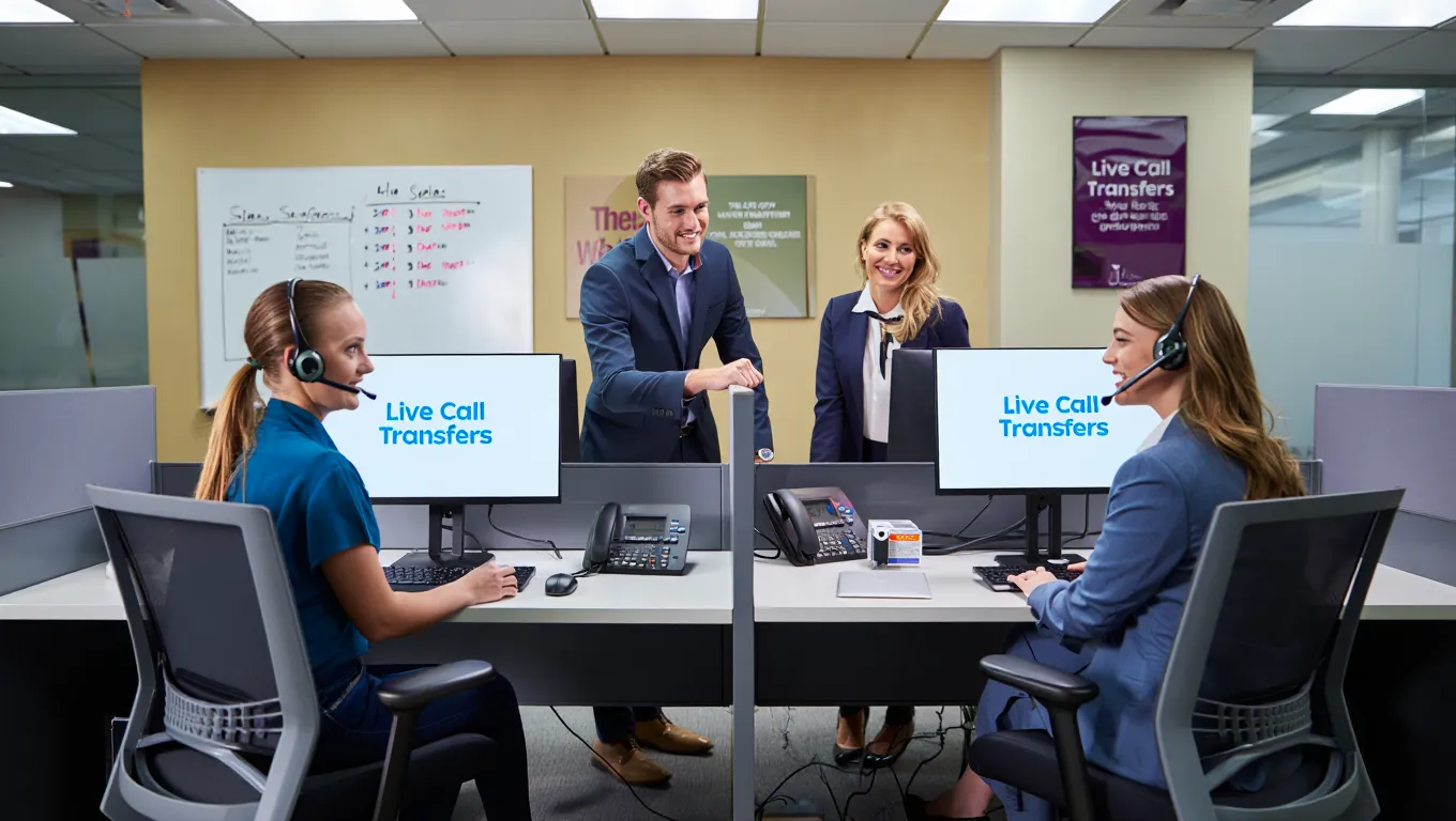 Call center team with headsets transferring live roofing calls while managers oversee operations