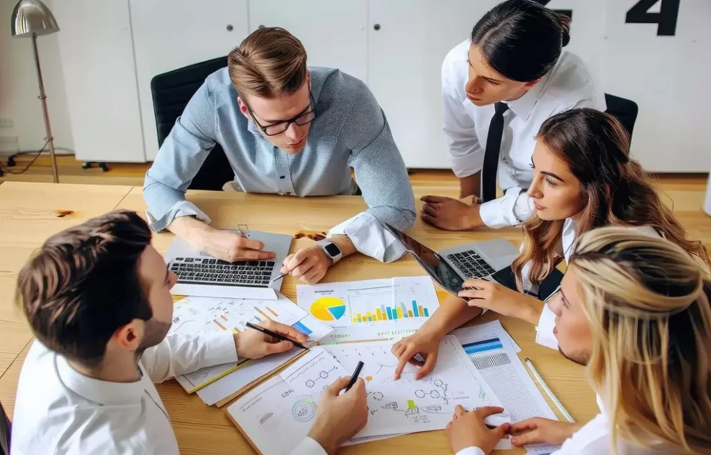 Lead Generation Agency New York 36 Business team collaborating on lead scoring strategy with charts, analytics and nurturing workflow documents
