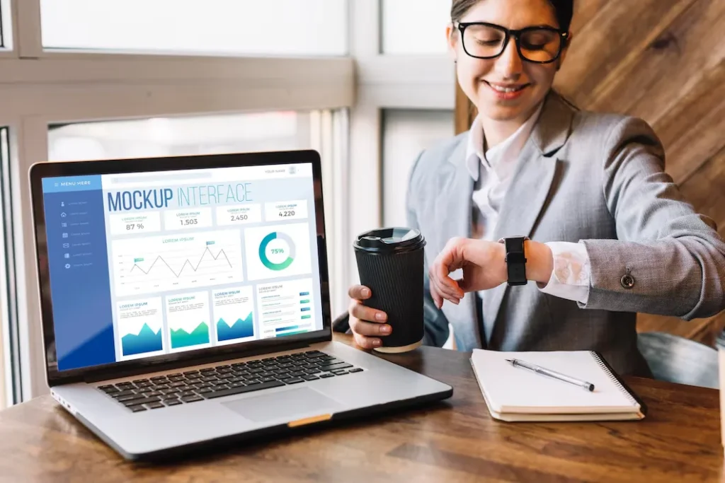 Lead Generation Agency New York 34 Professional businesswoman reviewing PPC campaign analytics dashboard with performance metrics and data