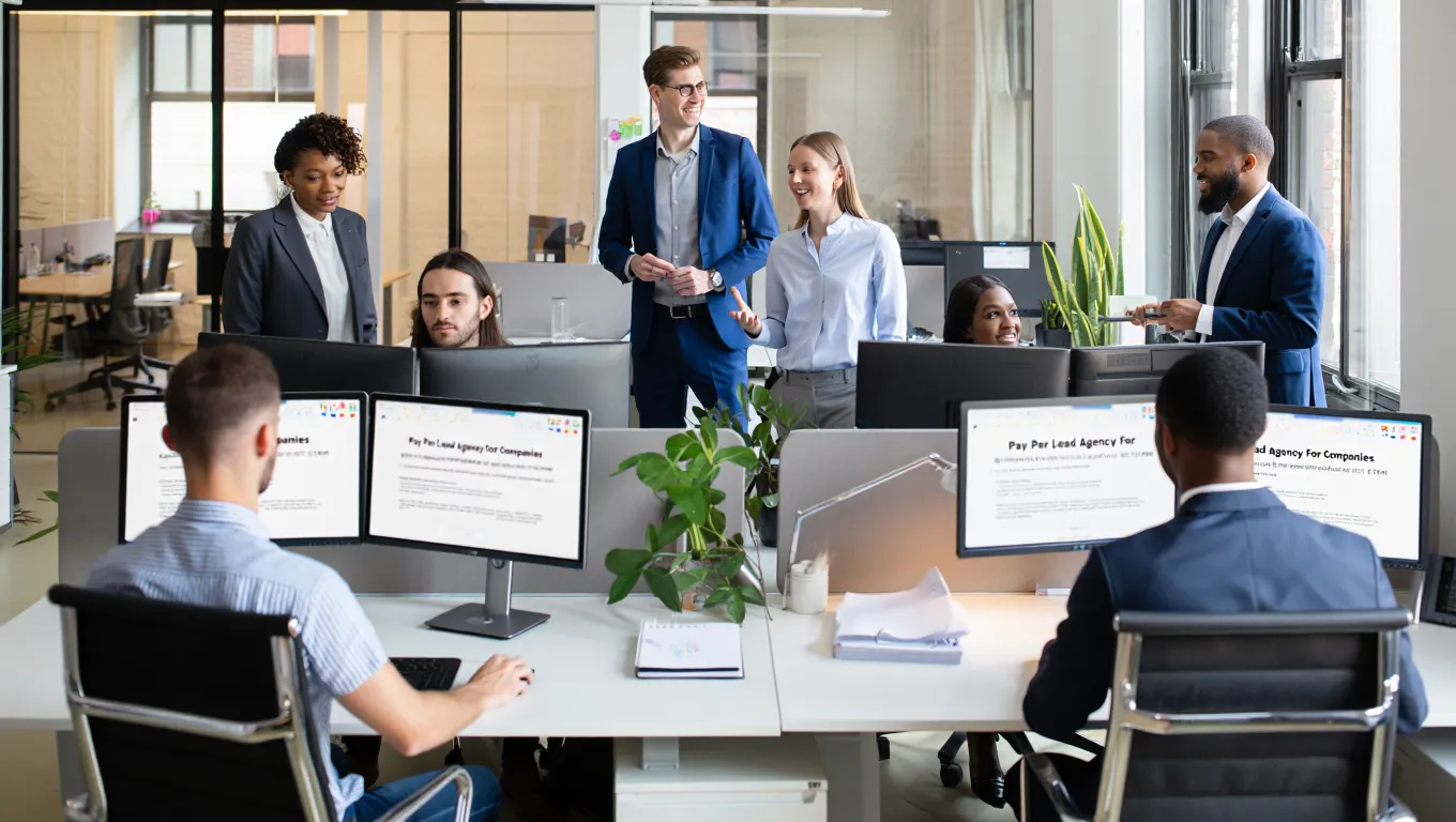 Marketing team discussing lead generation strategies in modern office with multiple computer screens