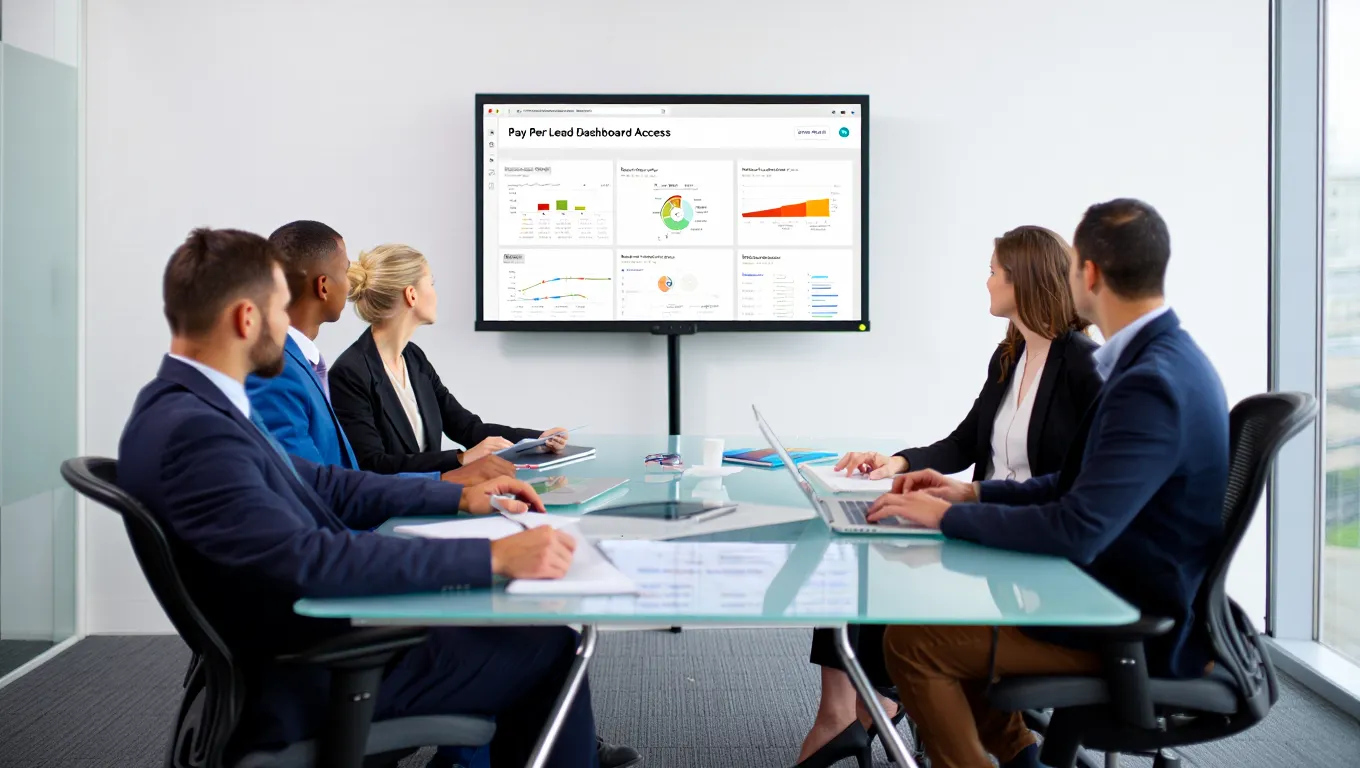 Business team reviewing pay per lead dashboard with charts and analytics on large monitor in conference room