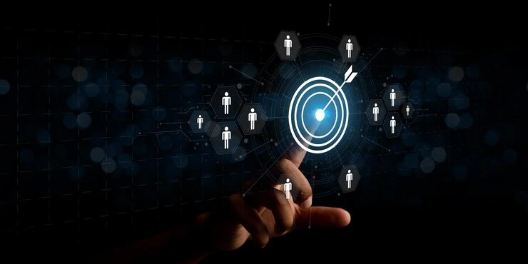Hand pointing at target with connected people icons representing precision lead generation and targeted marketing
