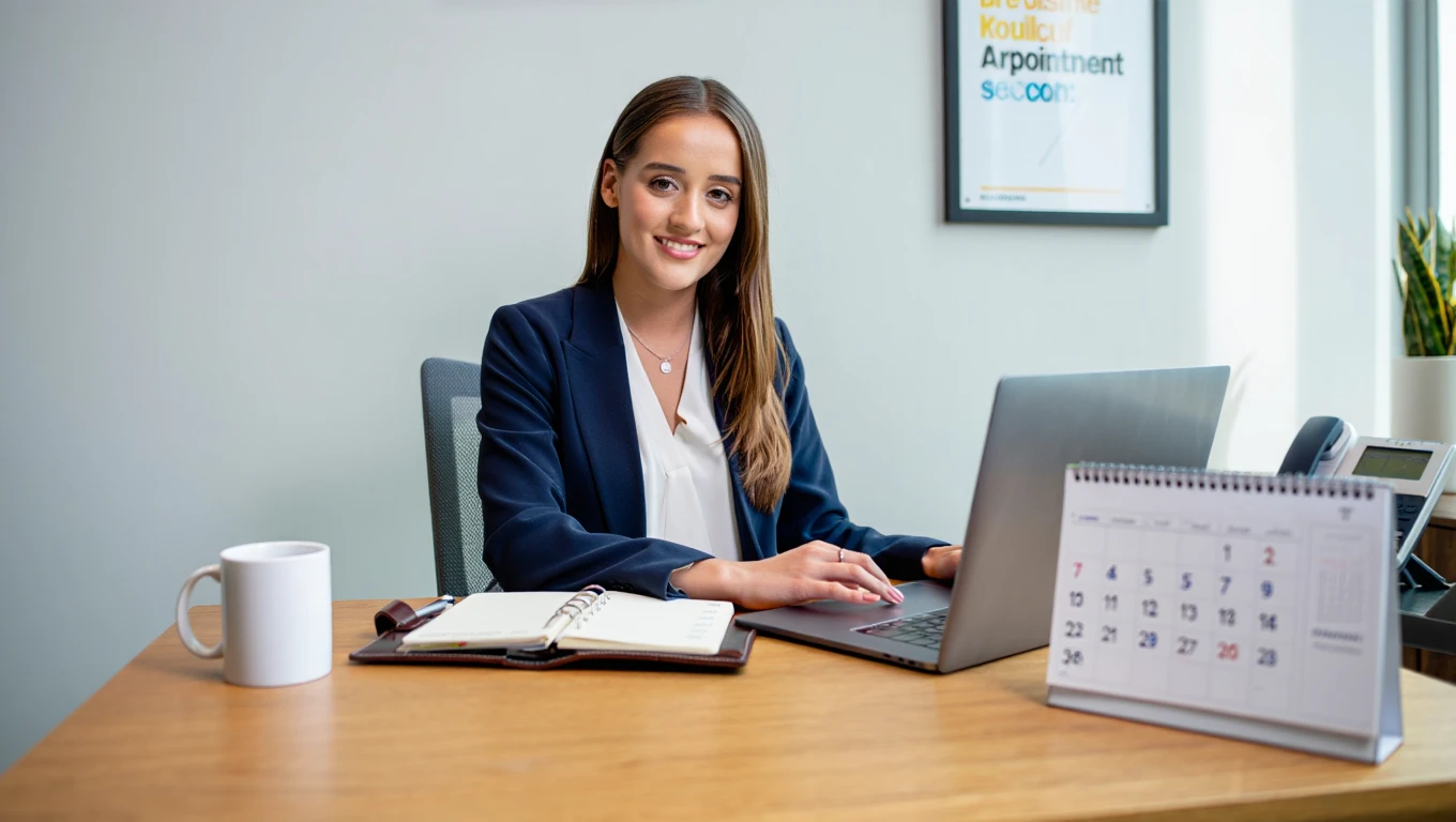 Professional woman at desk with laptop and calendar scheduling roofing appointments in modern office