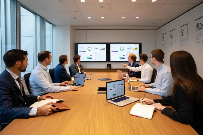 SEO team reviewing lead generation dashboard data displayed on dual wall-mounted screens in conference room