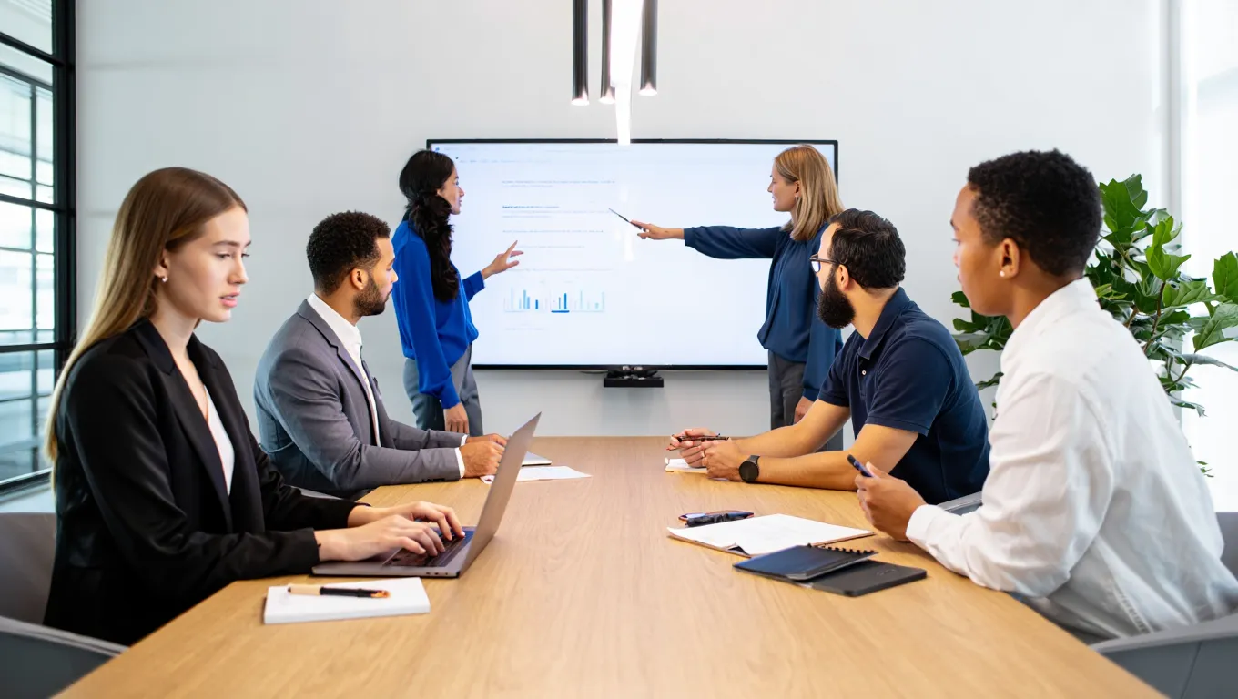 Marketing team presenting roofing lead generation strategies with charts and data on wall monitor to seated clients