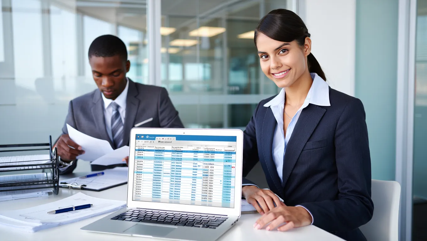 Lead Generation Agency New York 40 Professional businesswoman displaying lead generation data spreadsheet with New York business team collaboration