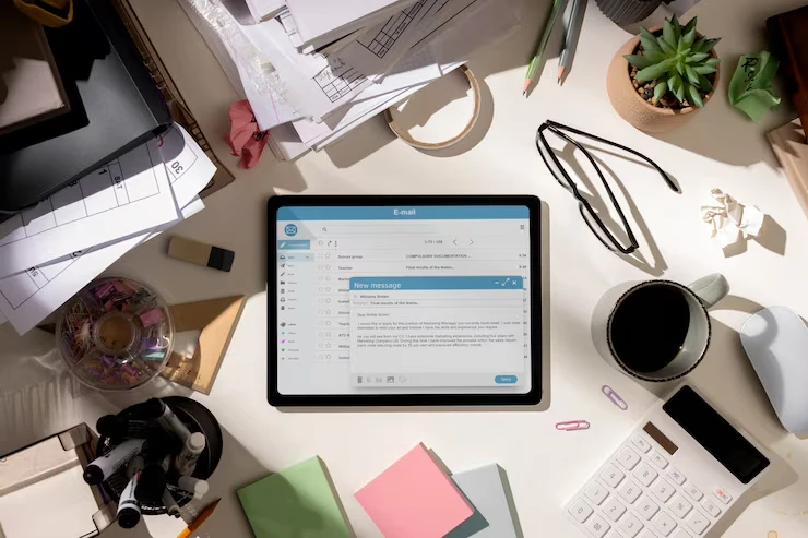 Email Marketing For Logistics 39 Tablet displaying email marketing interface on organized desk with coffee, plants, and business materials