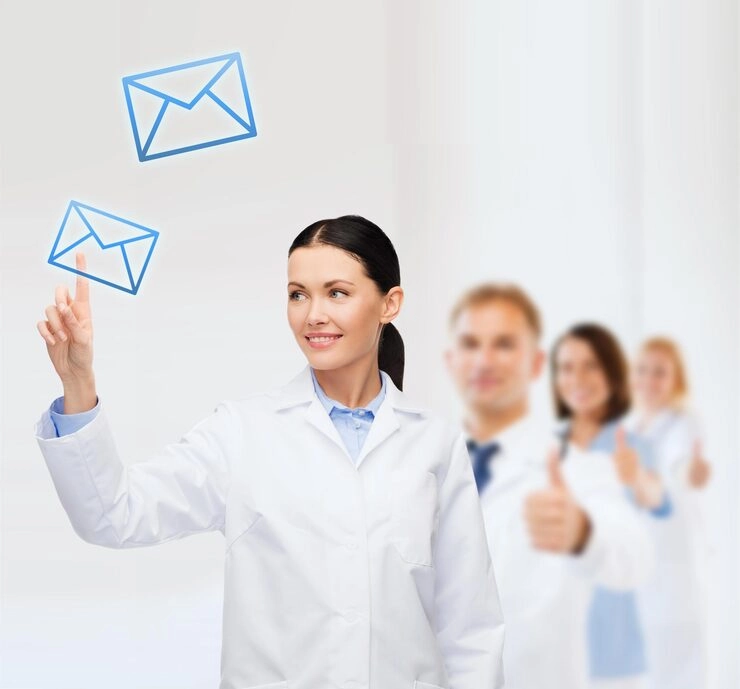 Email Marketing For Healthcare 31 Healthcare professional in white coat touching digital email icons with medical team in background
